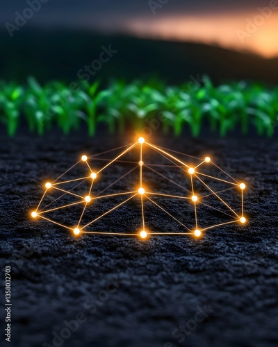 Illuminated network over fertile farmland at sunset