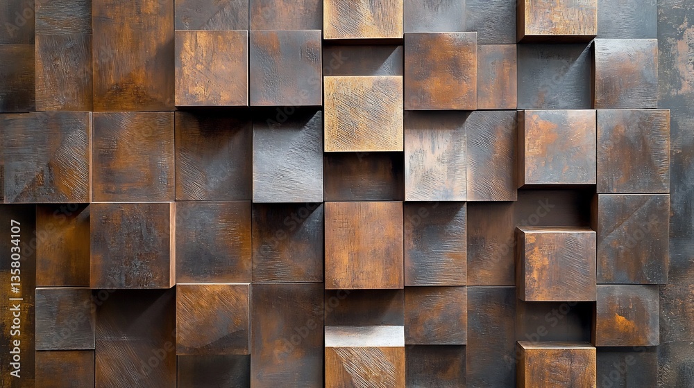 Geometric plank paneling featuring rustic brown texture forming cube like patterns Geometric plank paneling featuring rustic brown texture forming cube like patterns