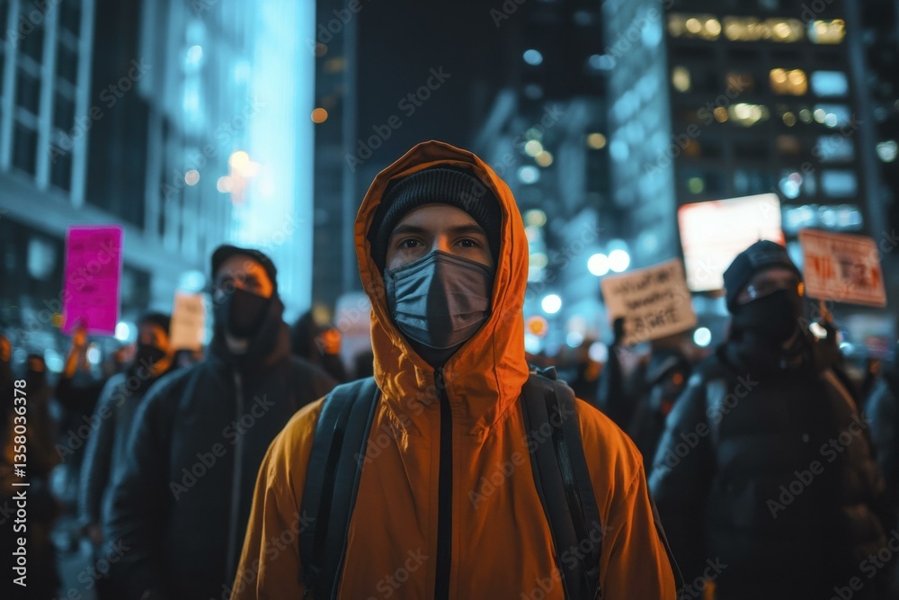 Man in Mask Protesting with Crowd at Night Amidst City Buildings Man in Mask Protesting with Crowd at Night Amidst City Buildings