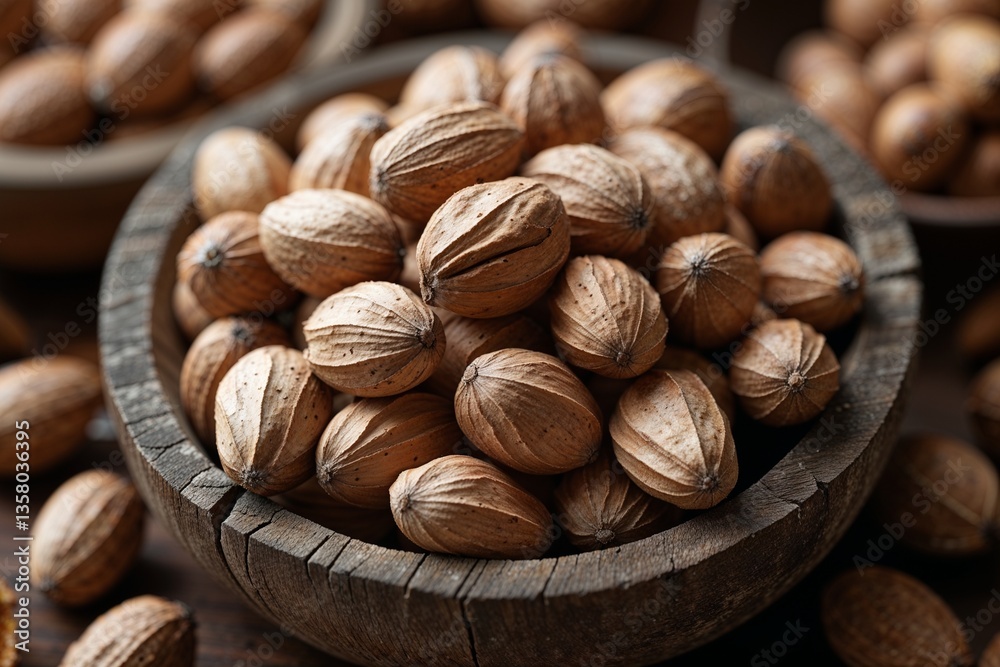 A rustic wooden bowl overflowing with earthy brown pecans, a harvest bounty ready for cracking, bathed in warm, inviting light. A rustic wooden bowl overflowing with earthy brown pecans, a harvest bounty ready for cracking, bathed in warm, inviting light.