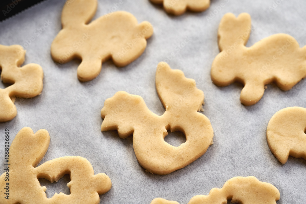 Linzer cookies in the shape of Easter hens and bunnies cut out from raw pastry dough Linzer cookies in the shape of Easter hens and bunnies cut out from raw pastry dough