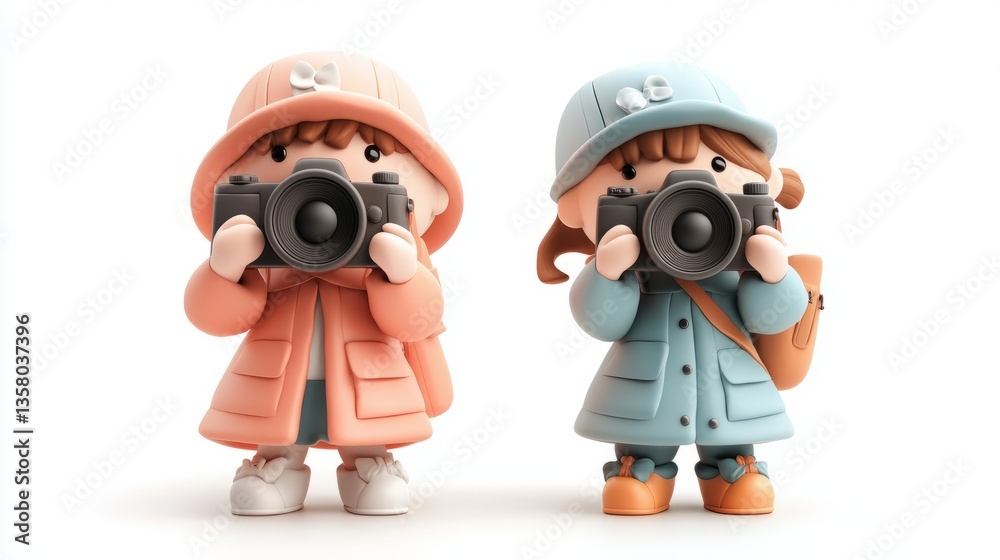 Charming Cartoon Characters with Cameras in Trendy Jackets Charming Cartoon Characters with Cameras in Trendy Jackets