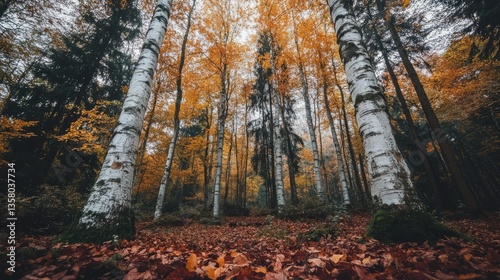 Autumnal Birch Forest Floor Scene with Golden Leaves