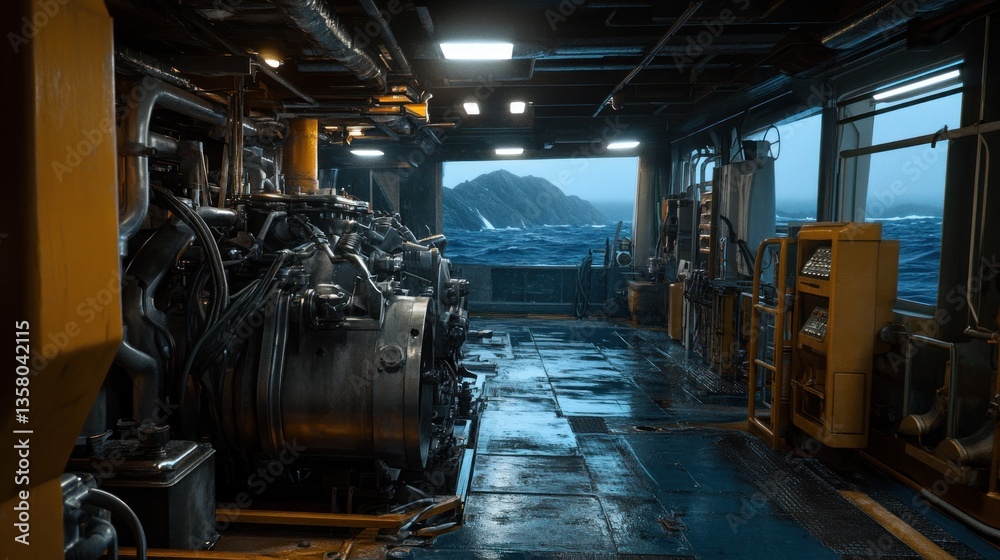Fototapeta premium Ship Engine Room Ocean View Stormy Seas
