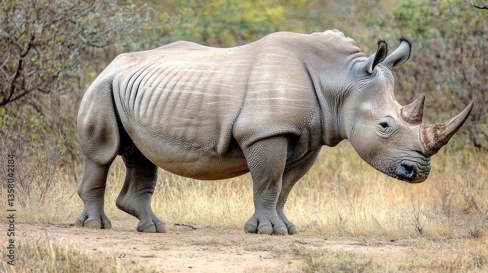 Fototapeta premium A White Rhinoceros Stands In African Savanna Grassland