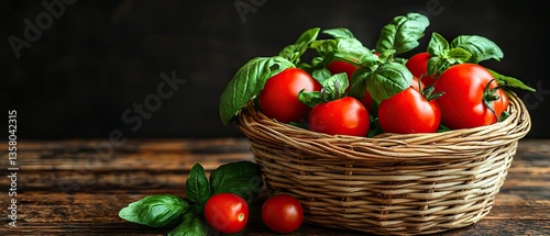 Ripe red tomatoes and fresh basil leaves in a wicker basket on a rustic wooden surface