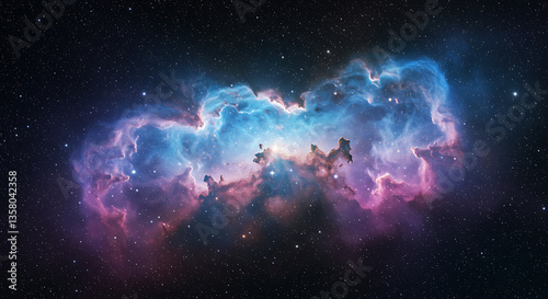 A deep space starfield with glowing nebula clouds in shades of blue, purple, and pink. The stars twinkle softly in the vast universe.