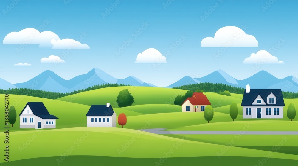 Fototapeta premium Tranquil Rural Landscape with Colorful Houses and Rolling Green Hills Under a Clear Blue Sky