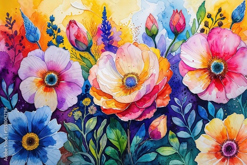 Colorful Floral Watercolor Mixed Media Art with Bright Textures and Lively Background