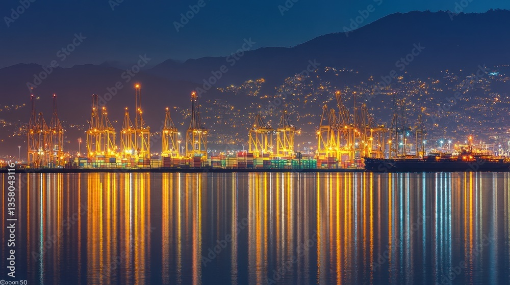Fototapeta premium Nighttime Port Illuminates Container Cranes and Cargo Ships