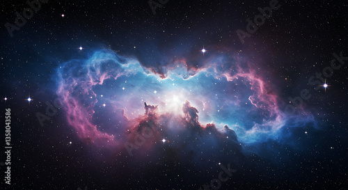 A deep space starfield with glowing nebula clouds in shades of blue, purple, and pink. The stars twinkle softly in the vast universe.