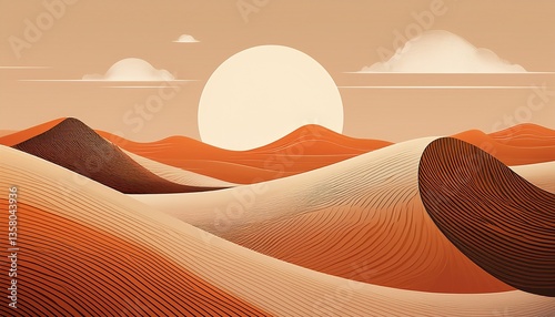 Neutral Boho Desert Landscape Art with Sun – Minimalist Wall Decor in Beige and Terracotta