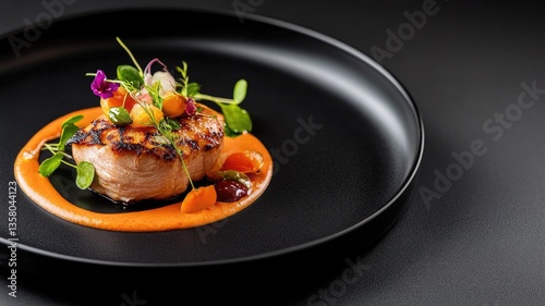 Gourmet salmon dish with fresh herbs and vibrant sauce