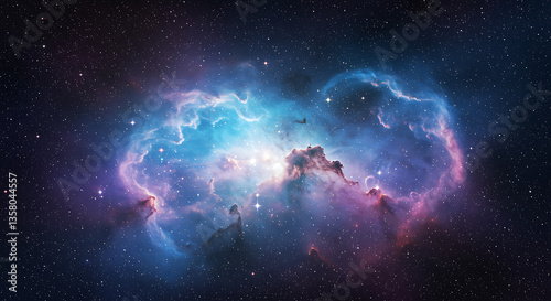 A deep space starfield with glowing nebula clouds in shades of blue, purple, and pink. The stars twinkle softly in the vast universe.