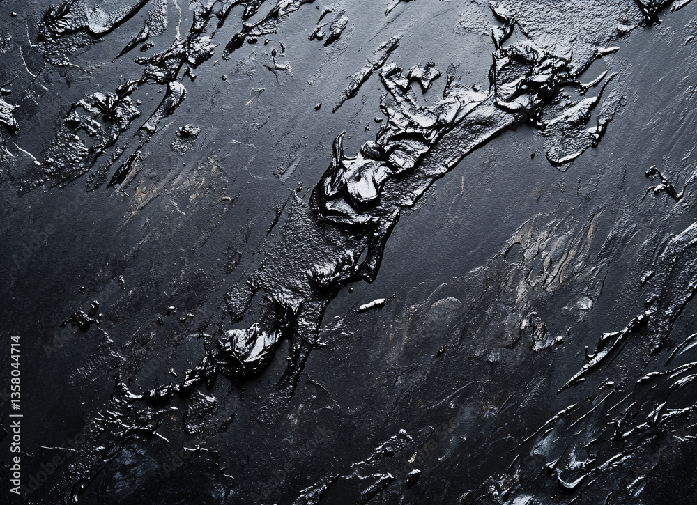Obraz premium grunge black surface with charcoal powder and residue, abstract dark texture with rough industrial material buildup, dirty matte background for product or artistic design overlays