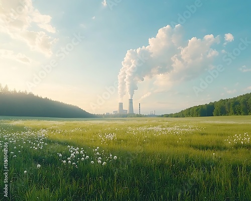 Power Plant Smoke Over Green Field.