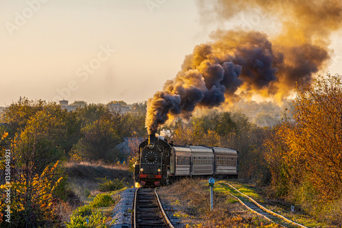 Powerful locomotive with a passenger train rushes to the railway station. Autumn sunny day