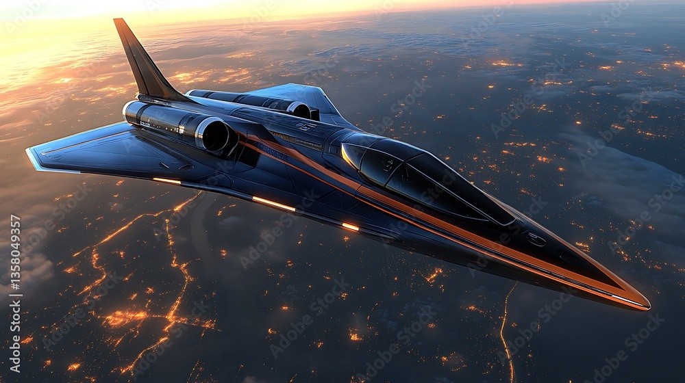 Fototapeta premium Futuristic aircraft flying above an illuminated cityscape during twilight