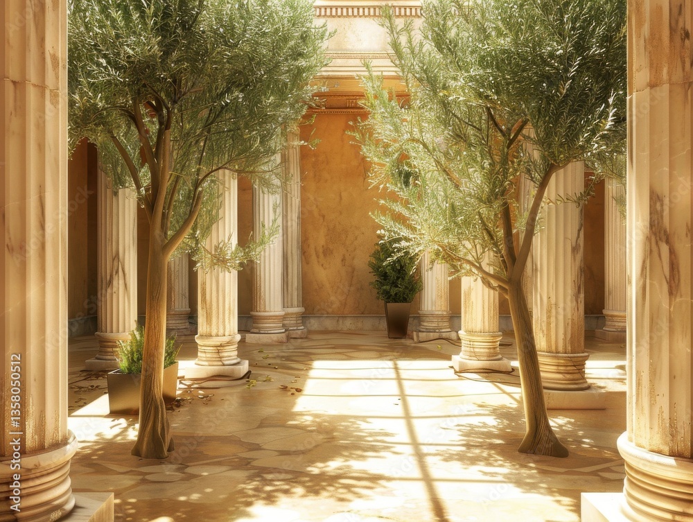 Fototapeta premium Ancient Greek courtyard marble columns casting shadows olive trees bathed in Mediterranean light timeless atmosphere artifacts.