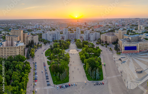 View from above of the central square of the Kharkiv city. Summer sunny day