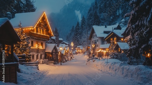 Snowy village street illuminated by warm lights during winter night in a picturesque setting