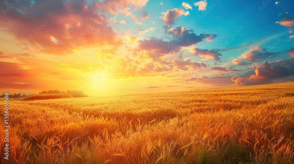 Obraz premium A field of golden wheat with a bright orange sun in the sky
