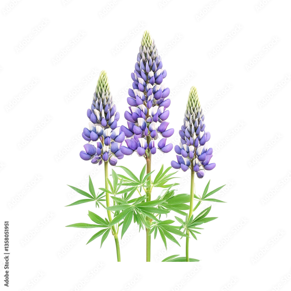 Naklejka premium Three vibrant purple and white lupines stand tall showcasing their beauty against a black background a delightful floral trio