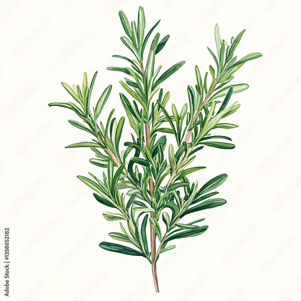 Obraz premium Fresh Rosemary Sprig Illustrated in Watercolor with Lush Green Leaves