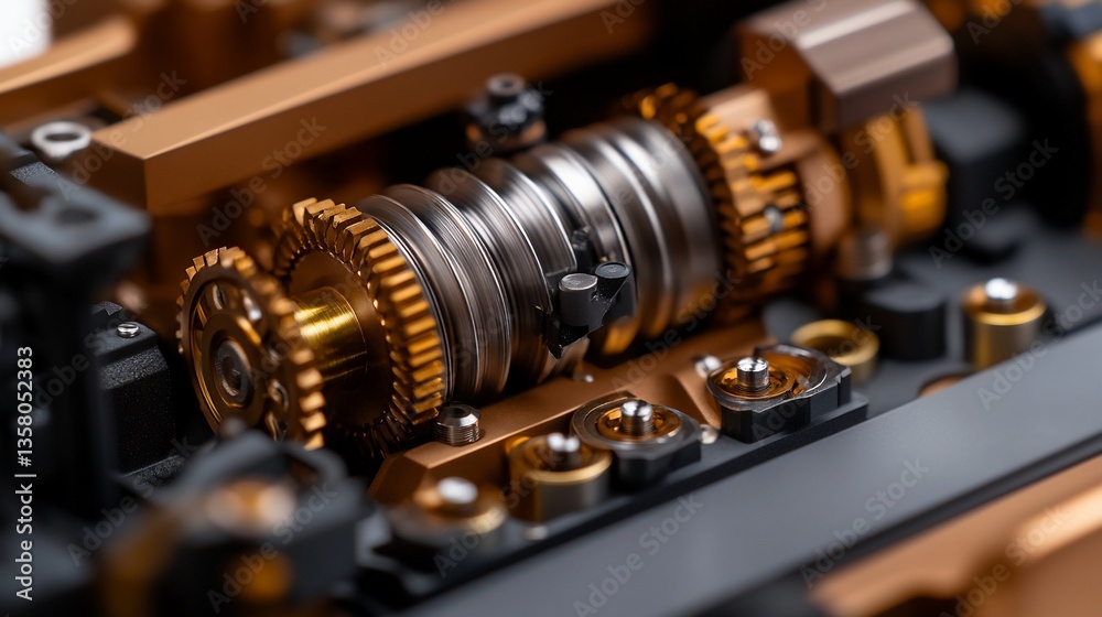 Naklejka premium Complex mechanical assembly featuring gears and precision engineering details