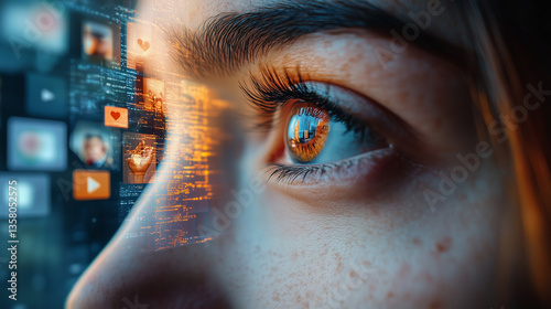 Close-up of woman's eye reflecting social media grid for online content consumption and technology influence concepts