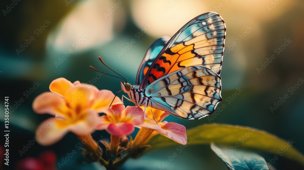 Fototapeta premium Vibrant butterfly resting on a blooming flower in a lush garden during golden hour