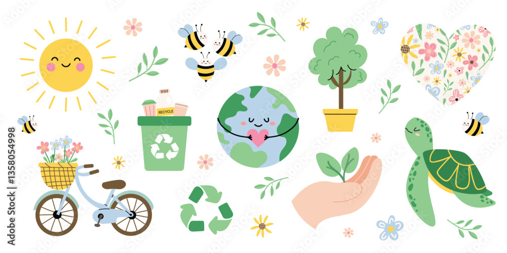 Fototapeta premium Earth Day cute set with eco friendly elements. Happy planet with heart, smiling sun, bees, recycle bin, bicycle, turtle, plants and flowers. Ecology, environmental protection, flat vector illustration