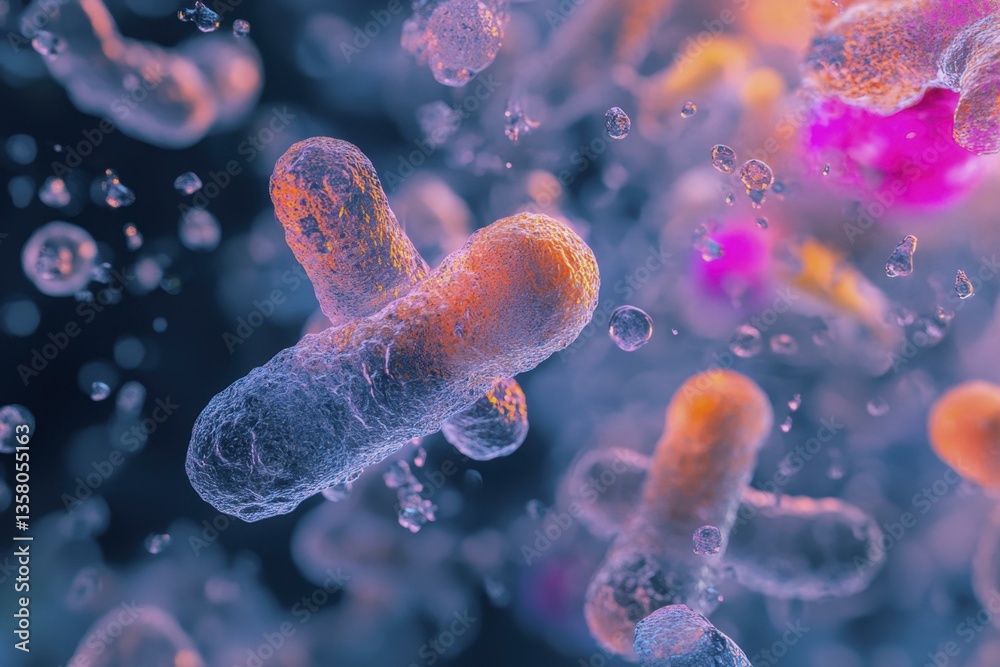Naklejka premium Microscopic View of Bacteria Cells Dividing and Multiplying Under Fluorescent Illumination