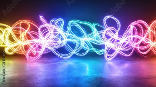 Vibrant, swirling light trails in various colors over dark background