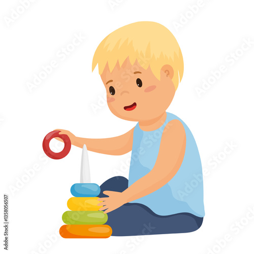 Vector illustration of a blonde boy sitting and playing with a colorful pyramid stacking toy, demonstrating early learning and development skills.