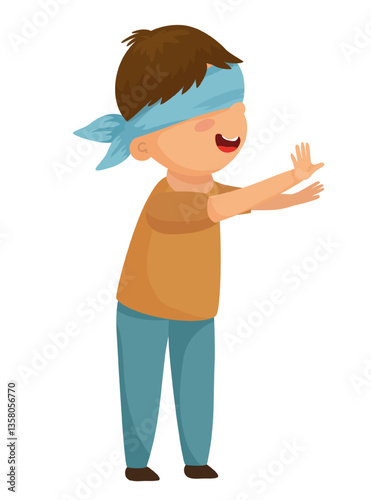 Vector illustration of a boy playing hide and seek with a blue bandana covering his eyes.