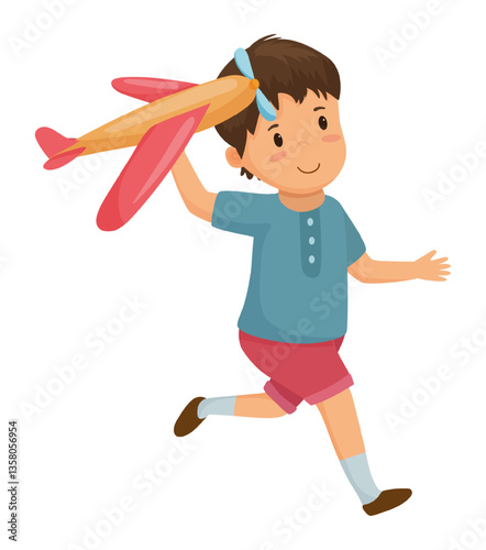 Vector illustration of a boy running and holding a red toy airplane.
