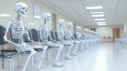 Skeletal Waiting Room: A macabre depiction of numerous skeletons patiently seated in a sterile hospital waiting area, conveying themes of mortality, healthcare, and the inevitability of death.