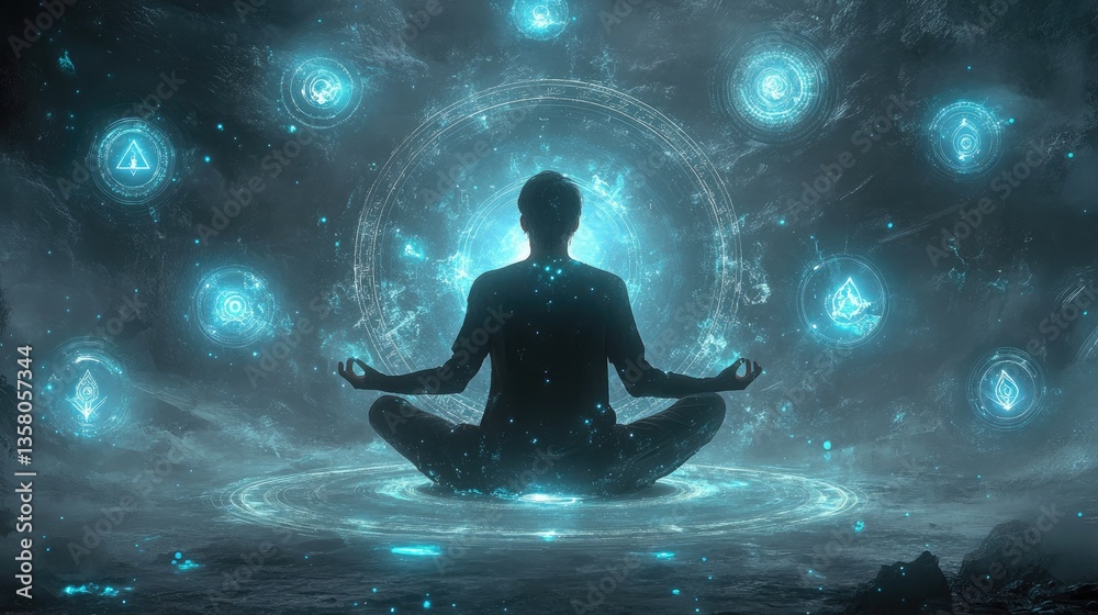 Person Meditating Within Glowing Celestial Symbols Person Meditating Within Glowing Celestial Symbols