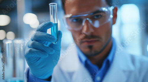 Scientist in lab coat holding test tube on white background for research and laboratory concept