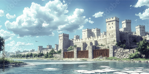 Majestic Medieval Fortress with Towers by the Riverside under Blue Sky with Fluffy Clouds - Scenic Historical Vector Illustration with Strong Defensive Walls