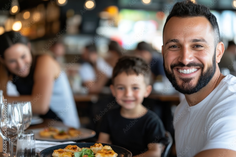 A joyful father smiles for the camera while his young son playfully poses beside him at a cozy restaurant table with delicious pizza in front, creating a warm dining experience. A joyful father smiles for the camera while his young son playfully poses beside him at a cozy restaurant table with delicious pizza in front, creating a warm dining experience.