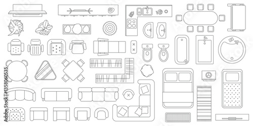 Furniture outline top view. Floor plan icons set for design interior and architectural project. Furniture thin line icon in top view for layout.