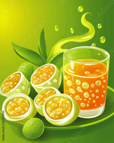 Refreshing Passion Fruit Juice Vector Art with Whole and Sliced Passion Fruits, Green Leaves, and Splash Elements on a Vibrant Green Background
