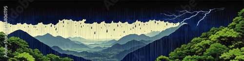 Dramatic Vector Illustration of Mountain Landscape with Stormy Skies, Lightning, and Dense Forest: Capturing Nature's Power and Beauty in Vivid Green and Blue Hues