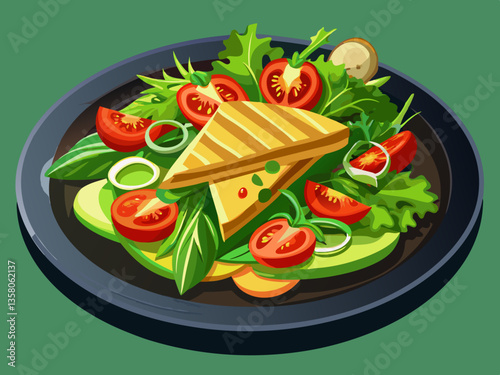 vectoe of  Delicious Green Salad with Grilled Cheese and Vegetables on Black Plate