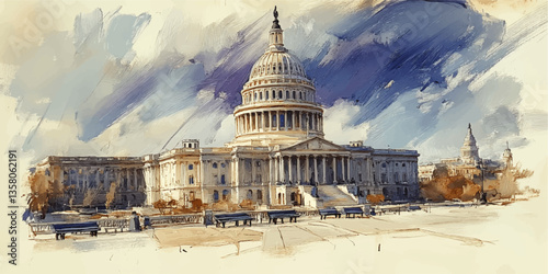 Elegant Vector Art of the Iconic United States Capitol Building with Dramatic Sky - Architectural Masterpiece, Historic Landmark in Washington D.C. Illustrative Style