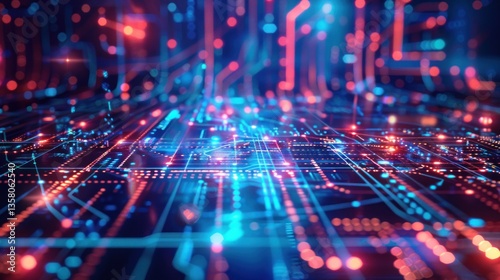 A computer chip with a blue background and red and orange lines