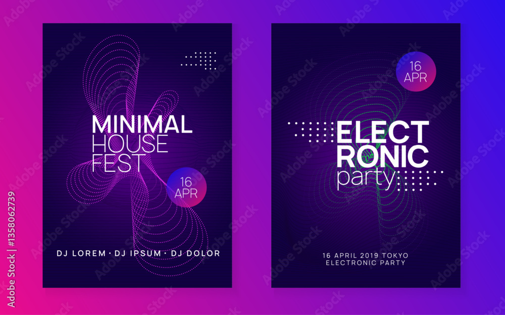 Fototapeta premium Sound Event. Blue Night Club Banner. Techno Background. Pink Dance Poster. Edm Festival Element. Electro Invite. Electronic Beat Illustration. Violet Sound Event