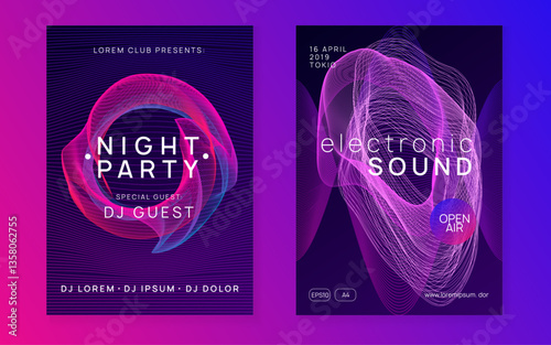 Techno Magazine. Discotheque Event. Blue Music Poster. Nightclub Audio Illustration. Trance Vector. Fest Concert Element. Green Dance Flyer. Pink Techno Magazine